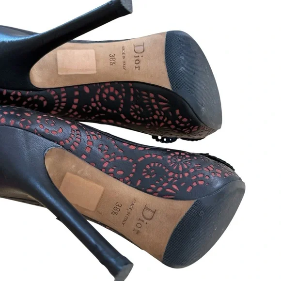 Dior Stilettos Size 38.5 Laser Cut Caprice Black Pink US Size 8.5 Peep Toe